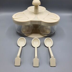 Gemco Condiment Server Carousel 3 Glass Jars Spoons Lazy Susan Almond Cream MCM